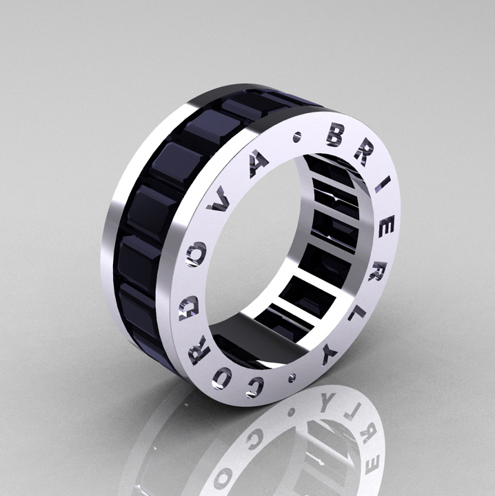 Mens Modern 14K White Gold Black Diamond Channel Cluster Infinity Wedding Band R174-14KWGBD